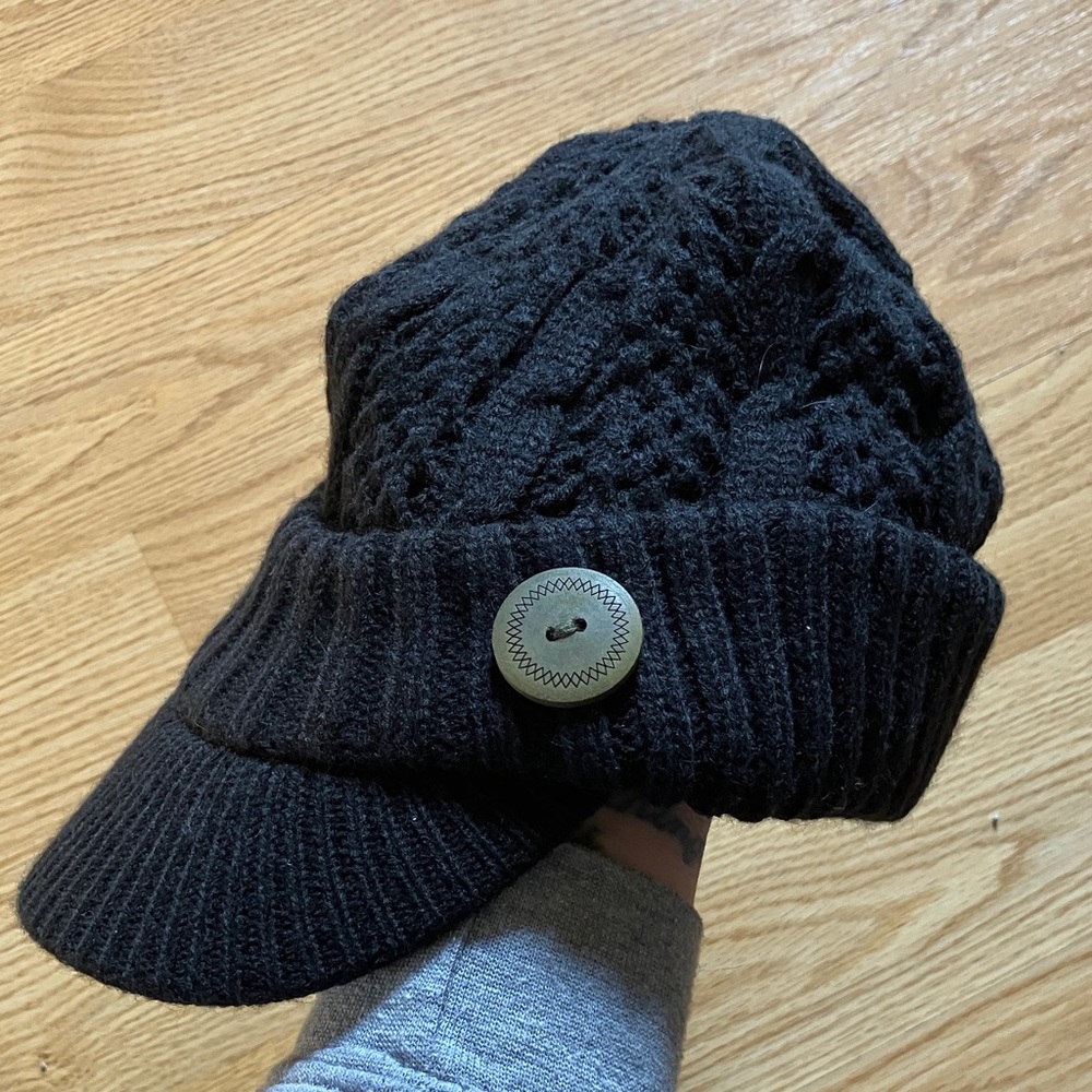 Scala Black Knit Cap with Button Detail